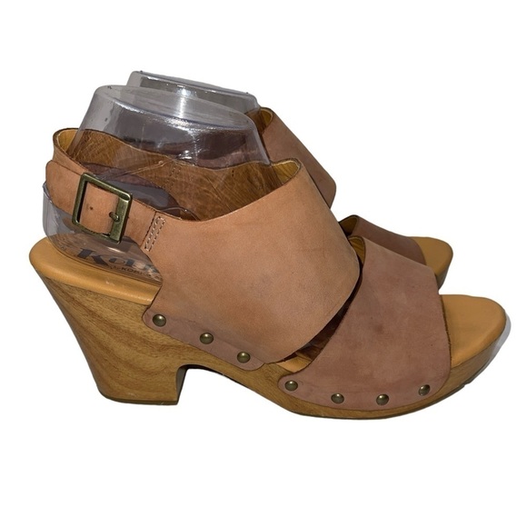 Korks Women's Sandals Size 11 Tan Leather "Annaleigh" Platform Wood Clog Buckle - Picture 1 of 10